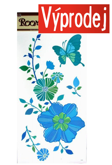 Samolepící pokojová dekorace Modré květy s motýlkem