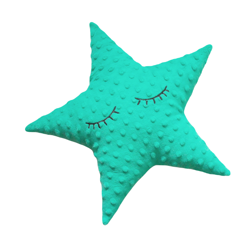 Polštářek hvězdička minky sytá mentol s očima -36 cm